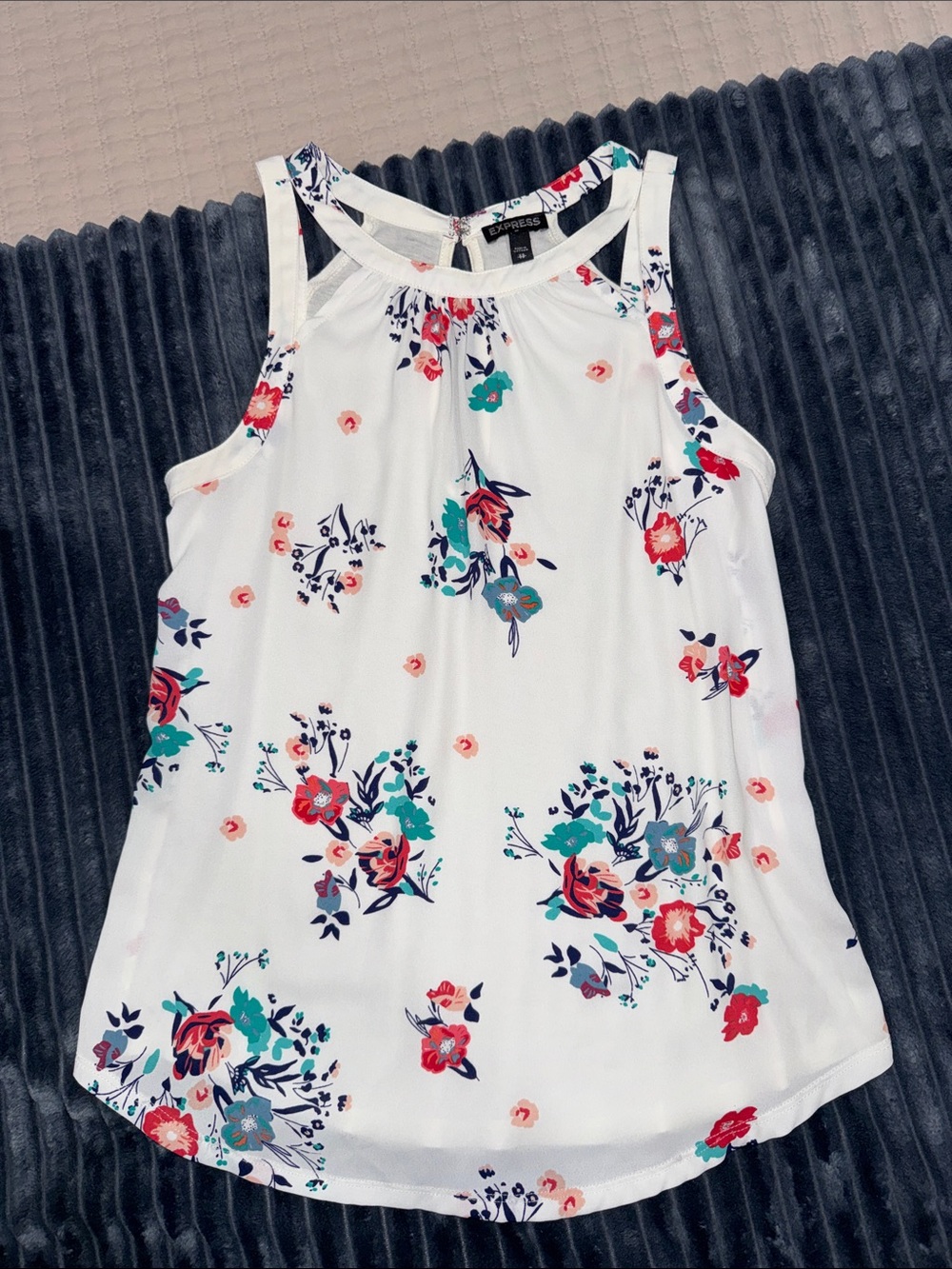 Express White Floral Halter Tank with Teal and Coral Accents